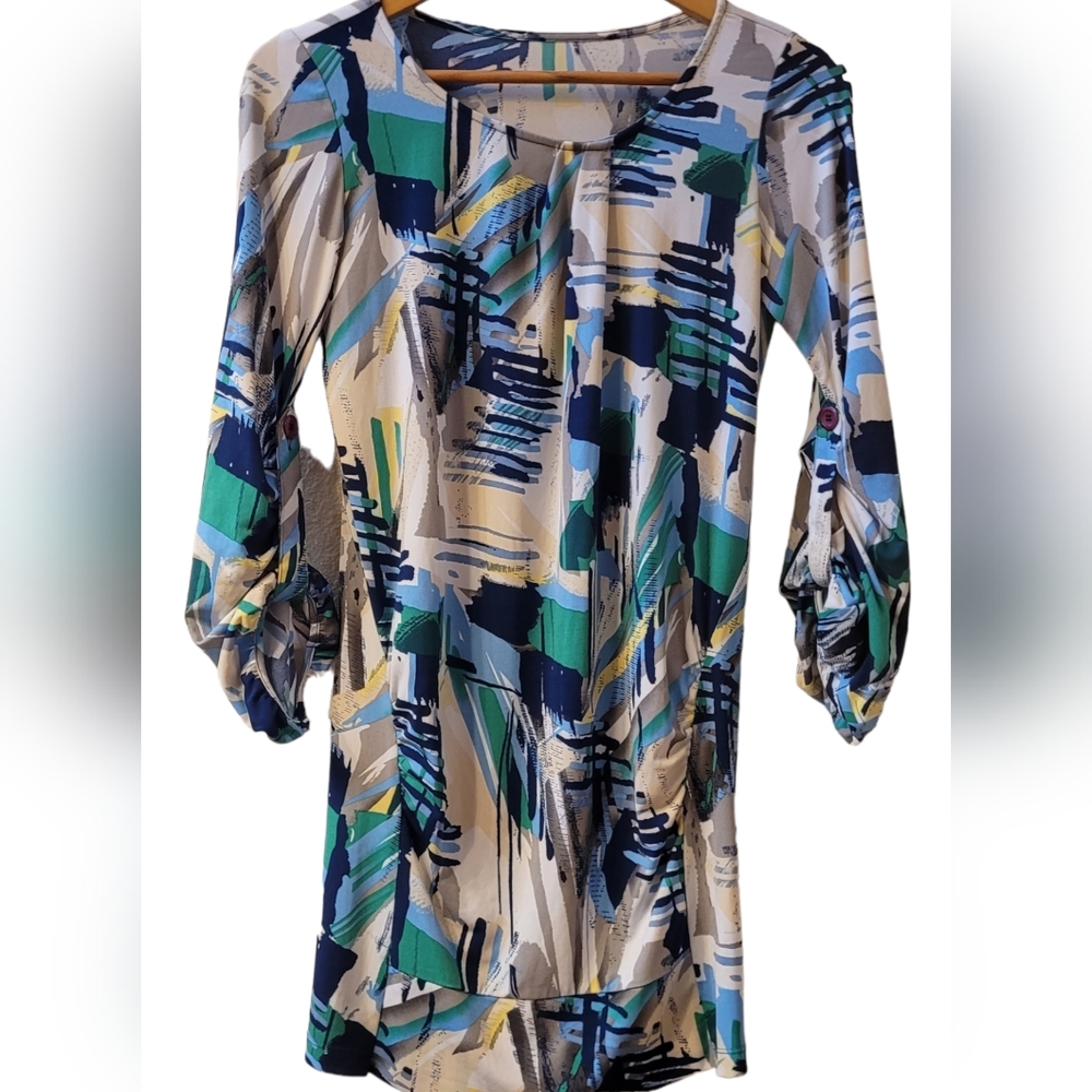 compagna Irregular Neck Adjustable Long Sleeve Multi Color Mini Dress Size Small
